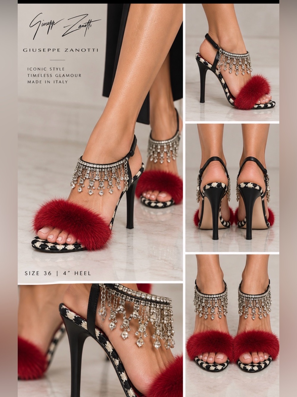 Giuseppe Zanotti Red Fur Crystal Fringe Houndstooth Sandals Heels Size 36